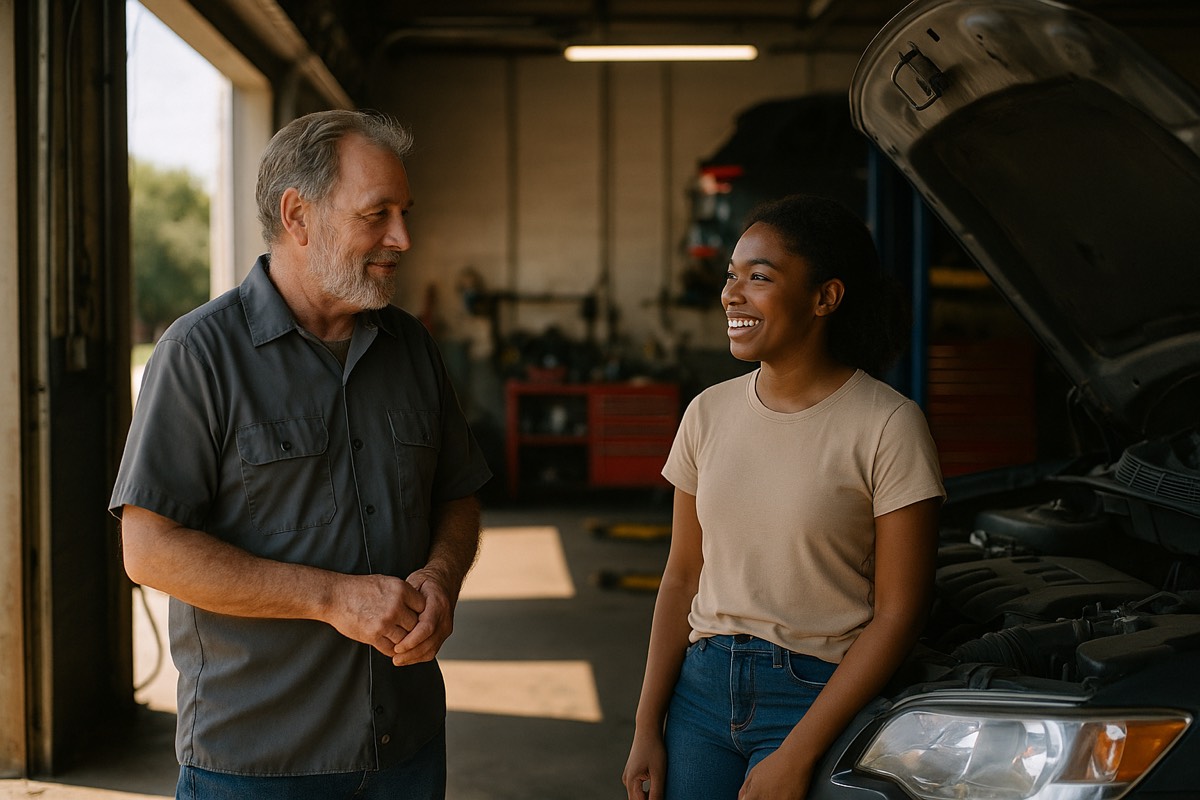 A mechanic talking with a smiling customer beside her car in an open auto repair bay