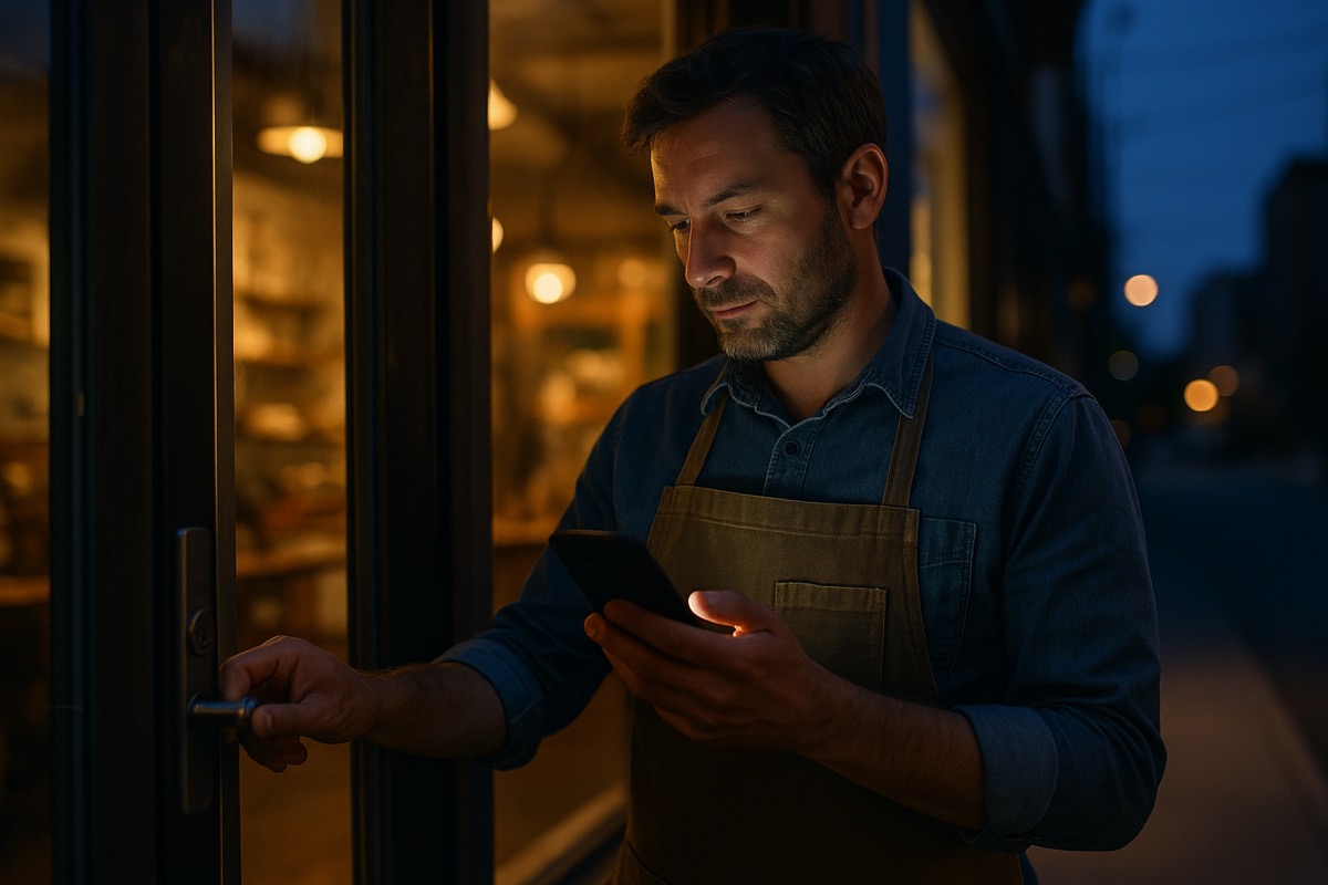A shop owner locking up at night as a new customer message arrives on their phone