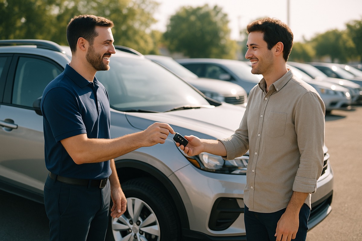 A rental agent handing car keys to a smiling customer beside a silver SUV