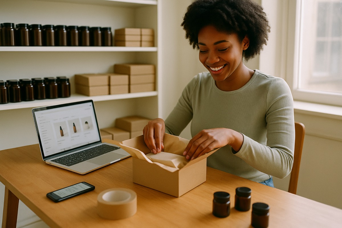 An online store owner packing an order in her home studio while a new order arrives on her phone