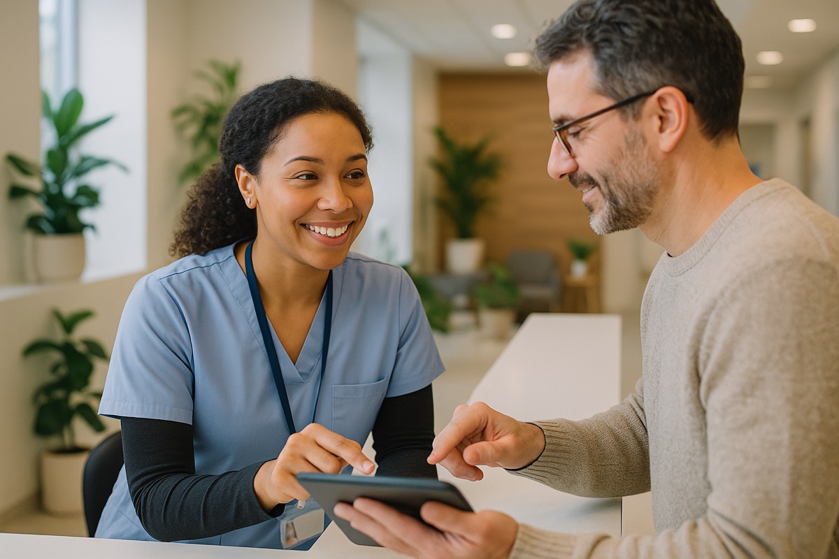A clinic receptionist helping a patient check in on a tablet
