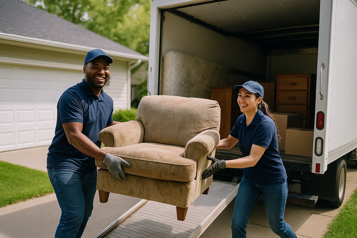 A two-person junk removal crew in navy shirts and work gloves carrying an old armchair up a ramp into a box truck outside a suburban home