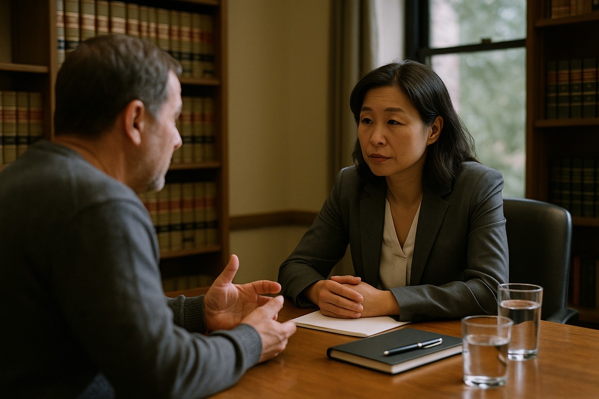An attorney listening closely as a client explains his situation across a conference table