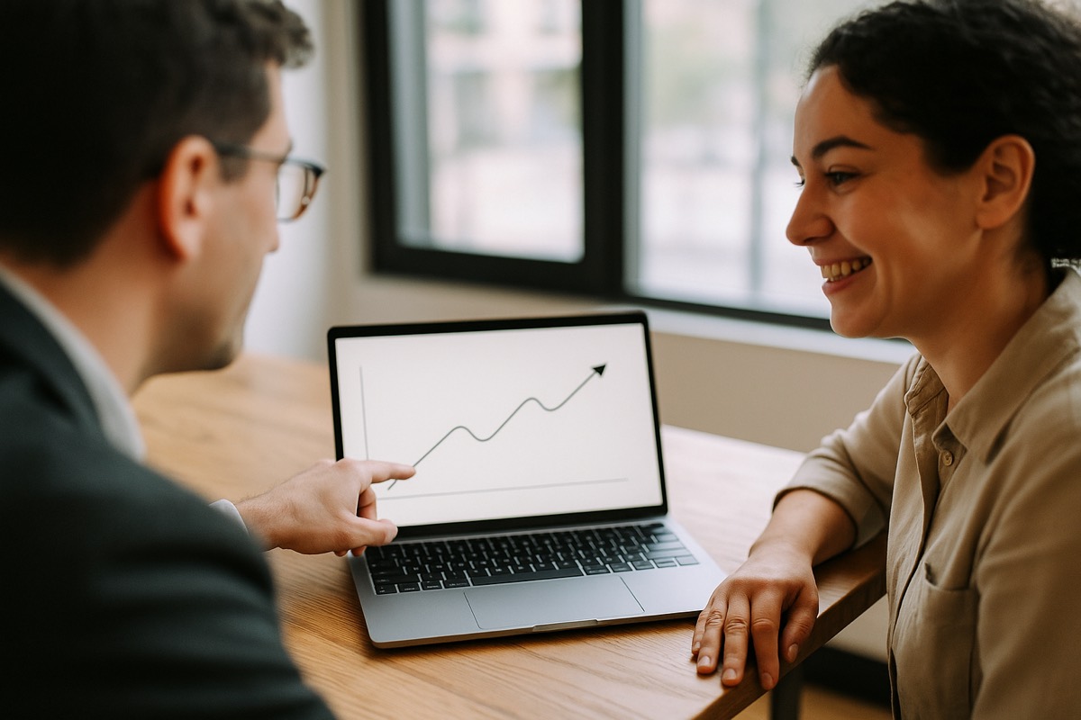 A marketing strategist pointing to an upward trend on a laptop while a business owner smiles