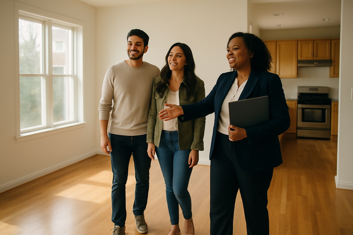 A real estate agent showing a young couple around the bright, empty living room of a home for sale