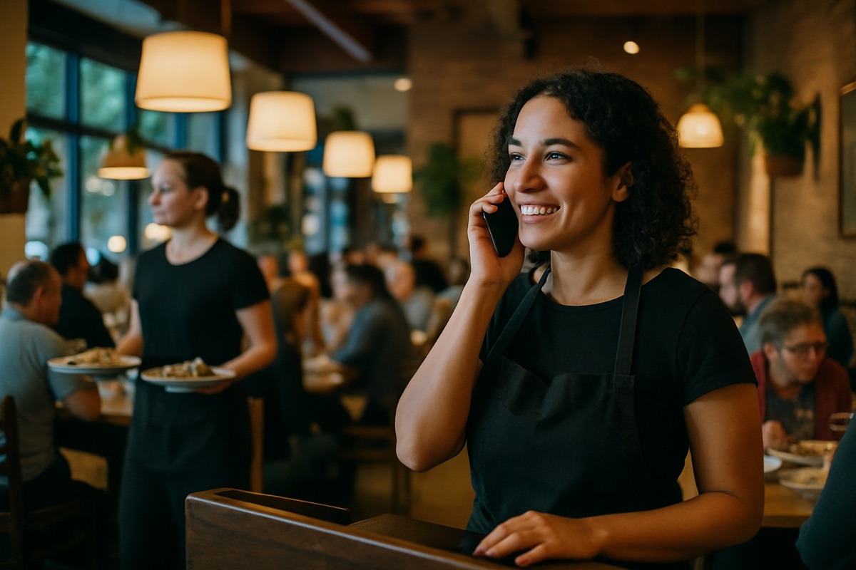 A smiling restaurant host taking a phone call at the host stand while a server carries plates through a busy dining room