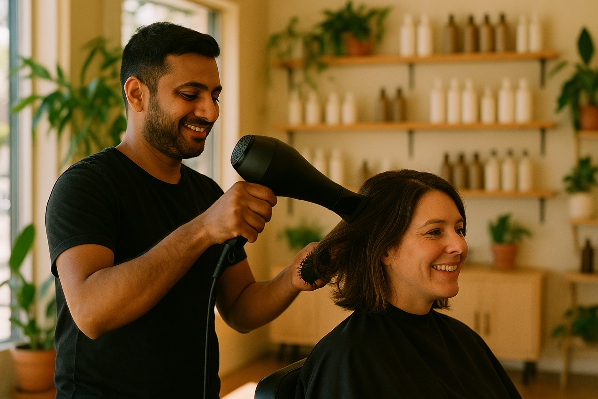 A stylist blow-drying a smiling client's hair in a sunny neighborhood salon