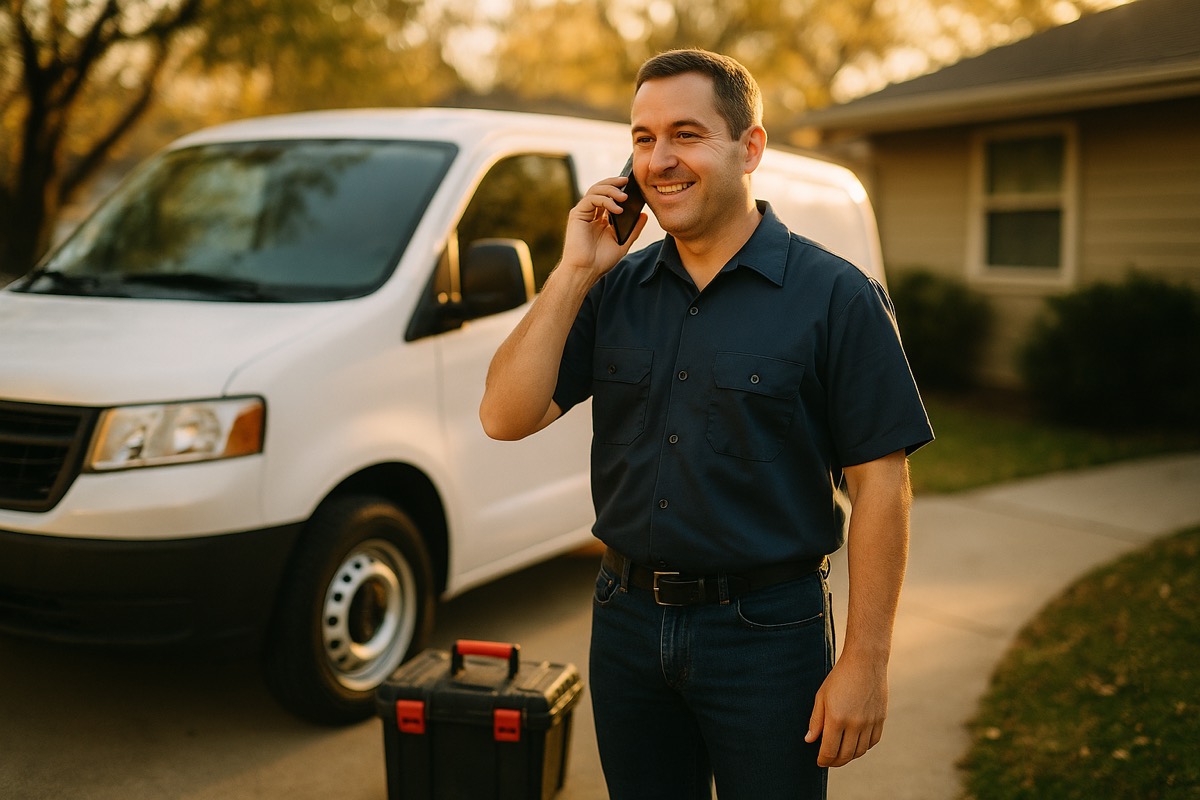 A home services technician by his work van, talking with a customer on the phone