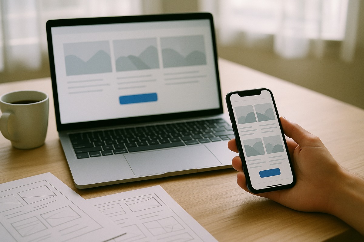 A new website design shown on a laptop and a phone, with wireframe sketches on the desk