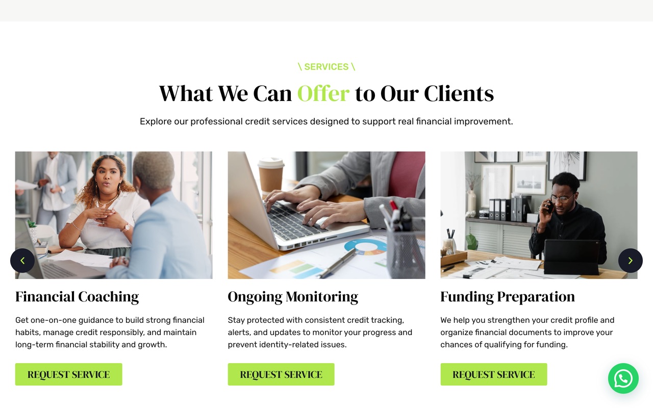 The LiftMyScore home page services carousel on a desktop screen, with Financial Coaching, Ongoing Monitoring and Funding Preparation