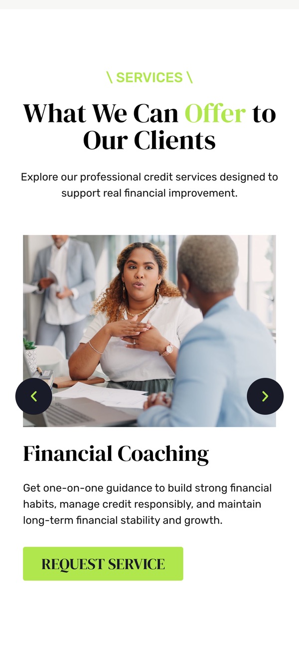 The LiftMyScore services carousel on a phone, showing Financial Coaching with a Request Service button
