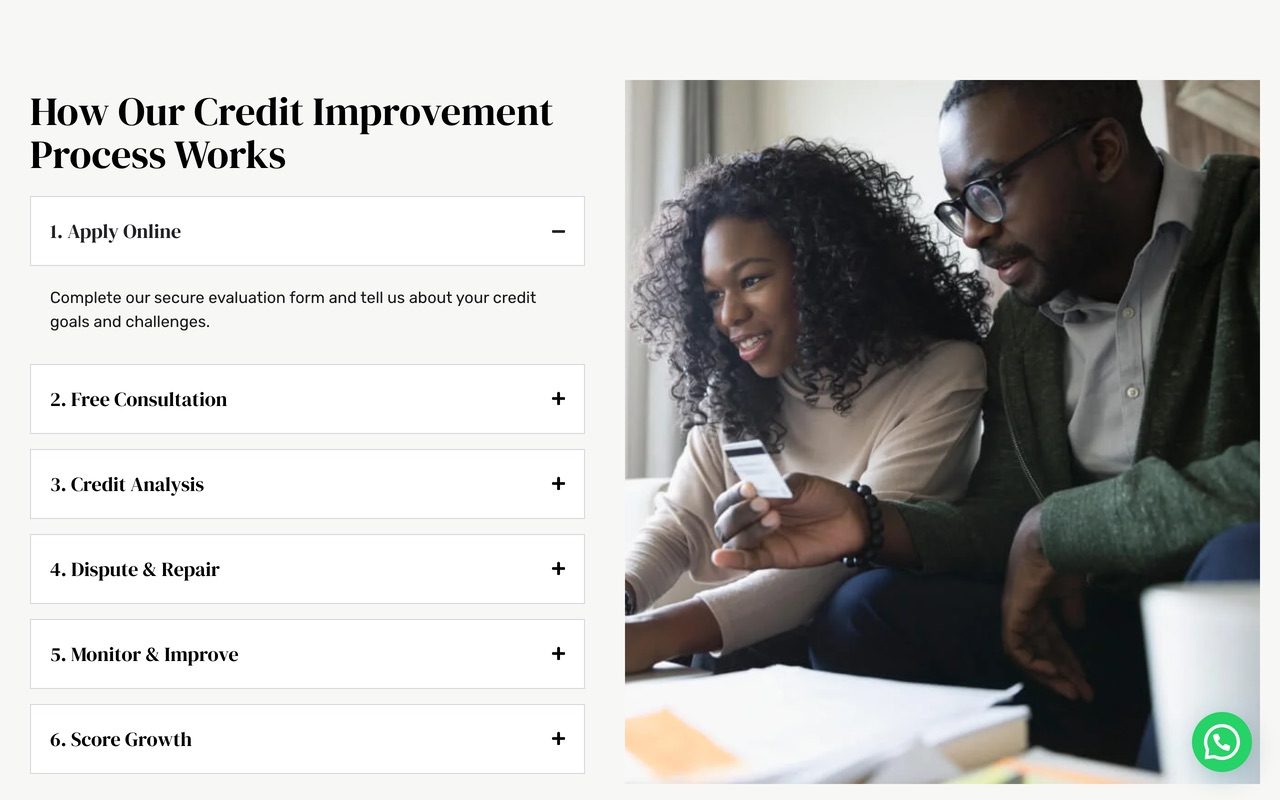 The LiftMyScore How It Works page on a desktop screen, listing six steps beside a photo of a couple reviewing their finances