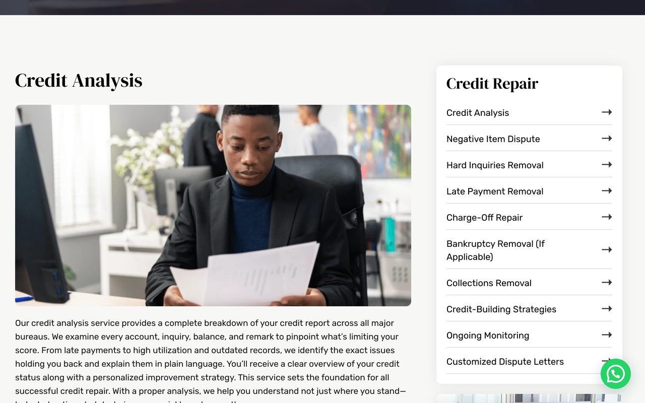 The LiftMyScore services page on a desktop screen, with Credit Analysis beside a sidebar listing ten credit repair services
