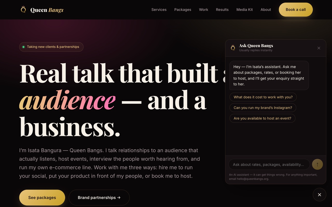 The Ask Queen Bangs assistant open beside the home page headline on a desktop screen