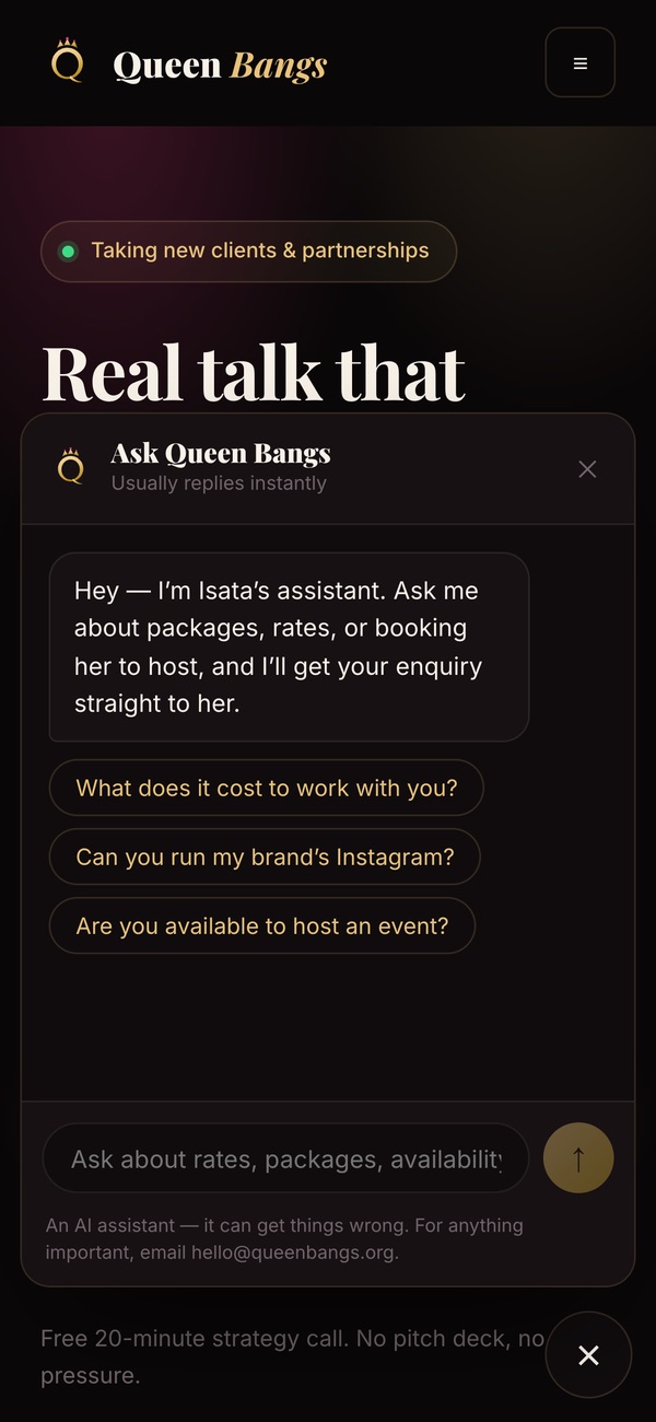 The Ask Queen Bangs assistant open on a phone, with suggested questions about cost, Instagram and hosting