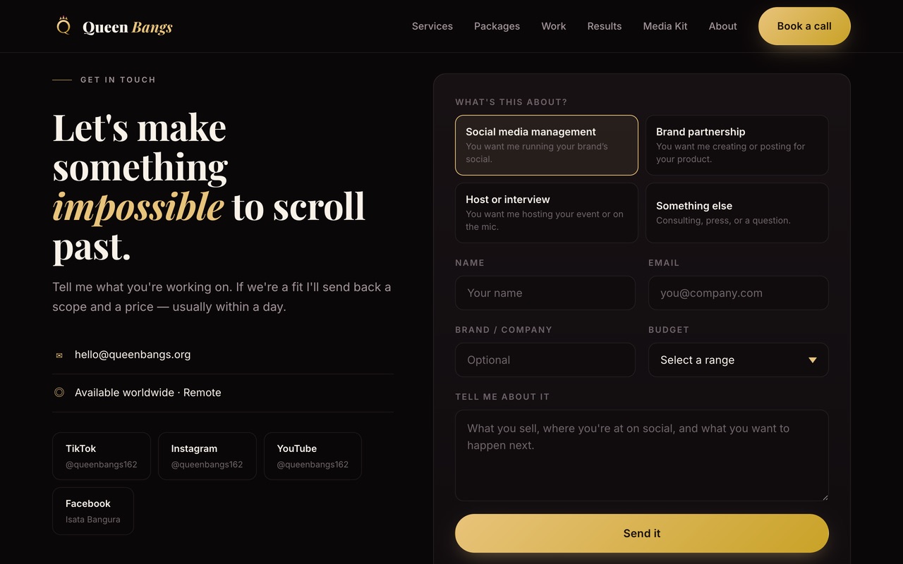 The Queen Bangs contact section on a desktop screen, with four enquiry types, a budget menu and social links