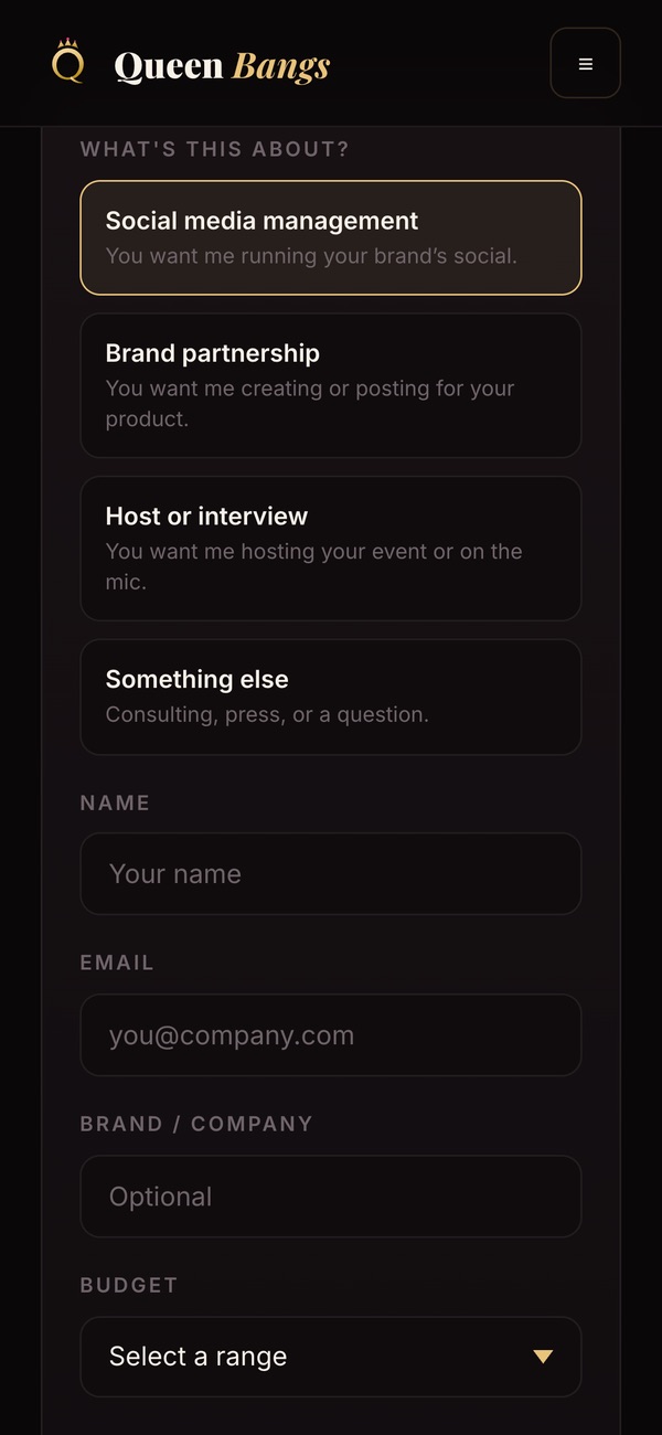 The Queen Bangs enquiry form on a phone, starting with What's this about