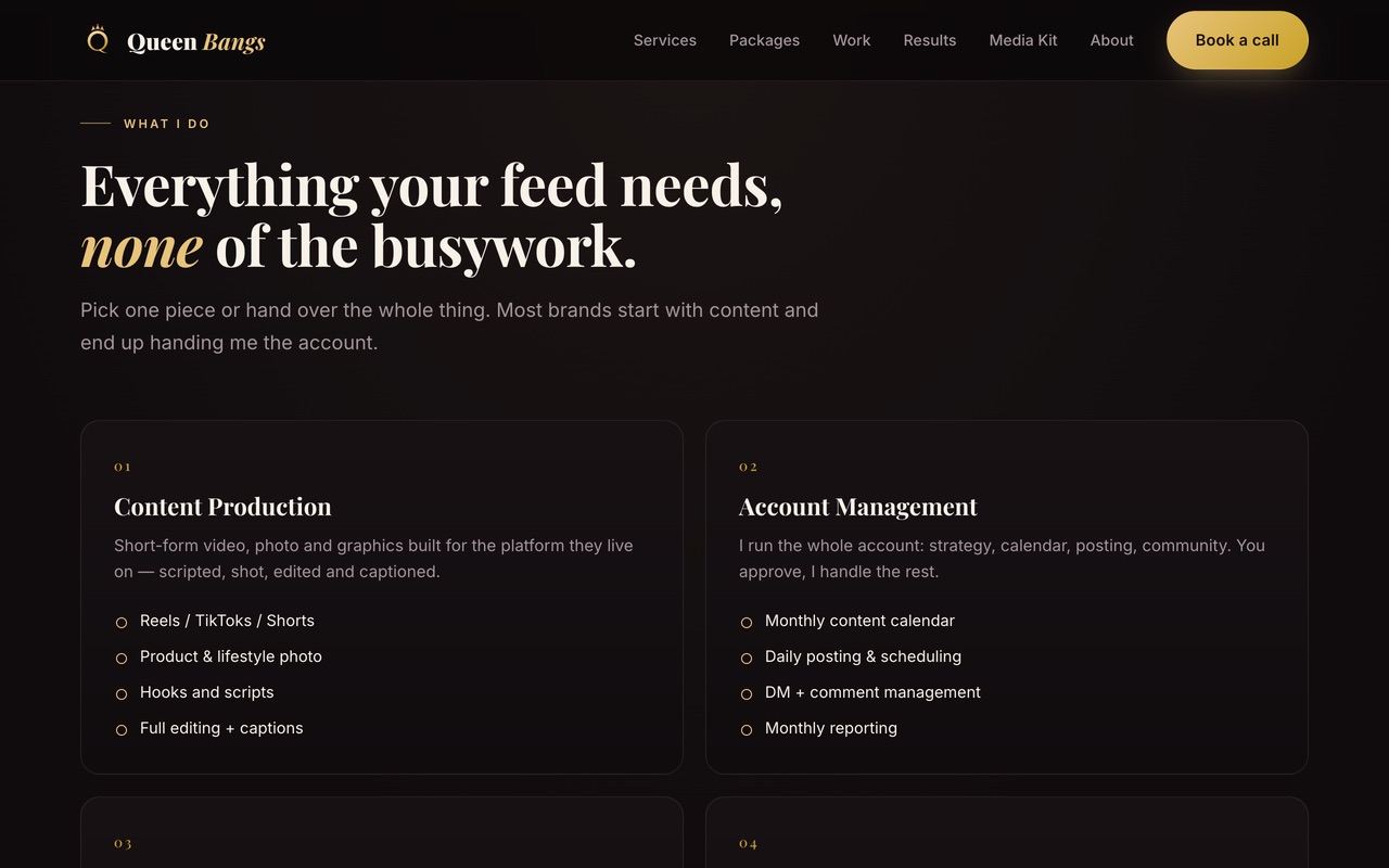 The Queen Bangs services section on a desktop screen, with content production and account management cards