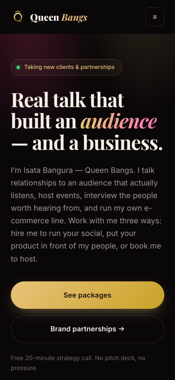 The Queen Bangs website on a phone