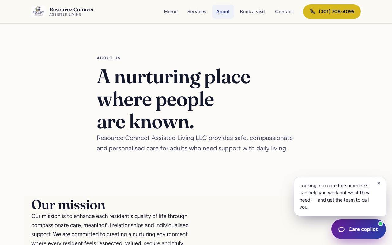 The Resource Connect About us page on a desktop screen, with the mission and what makes us different