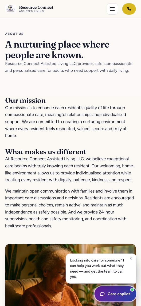 The Resource Connect About us page on a phone