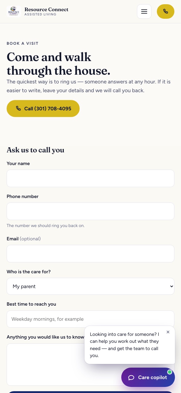 The Resource Connect Book a visit page on a phone