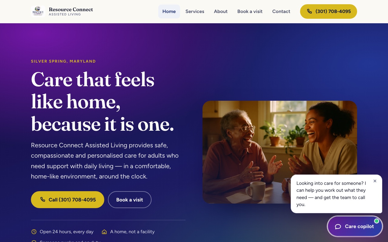 The Resource Connect Assisted Living website on a desktop screen