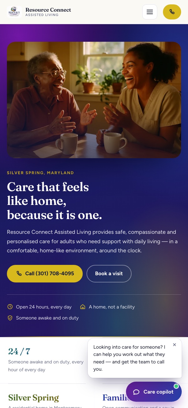 The Resource Connect Assisted Living website on a phone