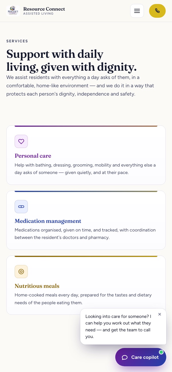 The Resource Connect services page on a phone, listing personal care, medication management and meals