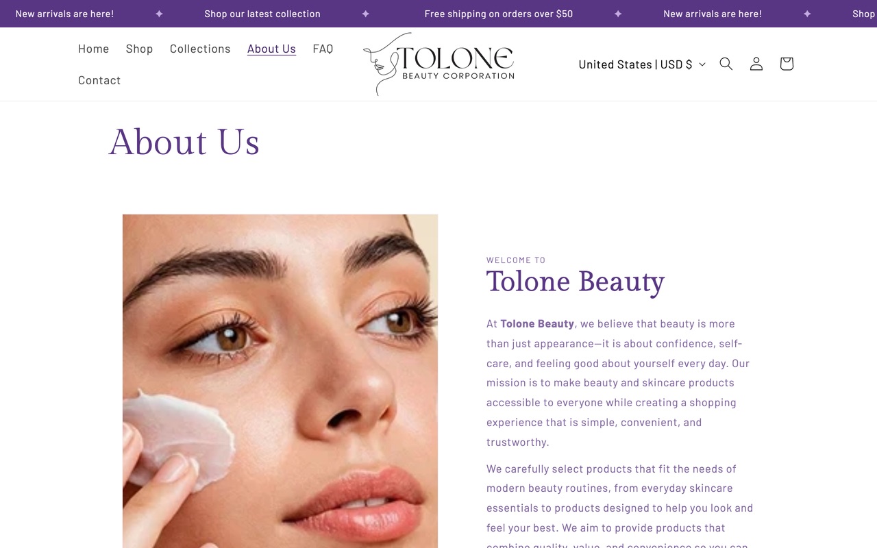 The Tolone Beauty About Us page on a desktop screen, with a skincare photo beside the Welcome to Tolone Beauty text