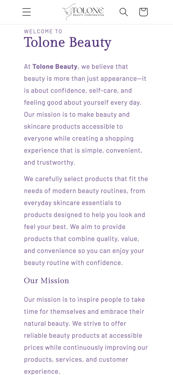The Tolone Beauty About Us page on a phone, beginning Welcome to Tolone Beauty