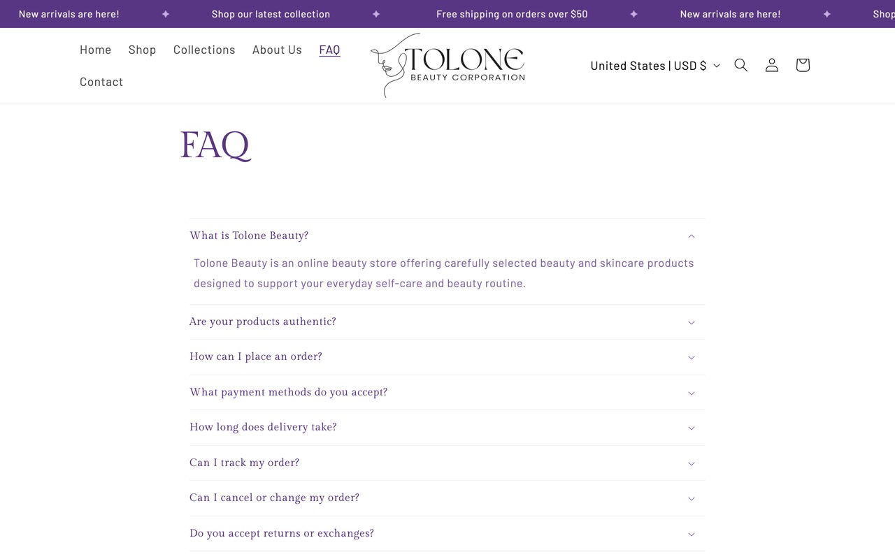 The Tolone Beauty FAQ page on a desktop screen with the first answer open