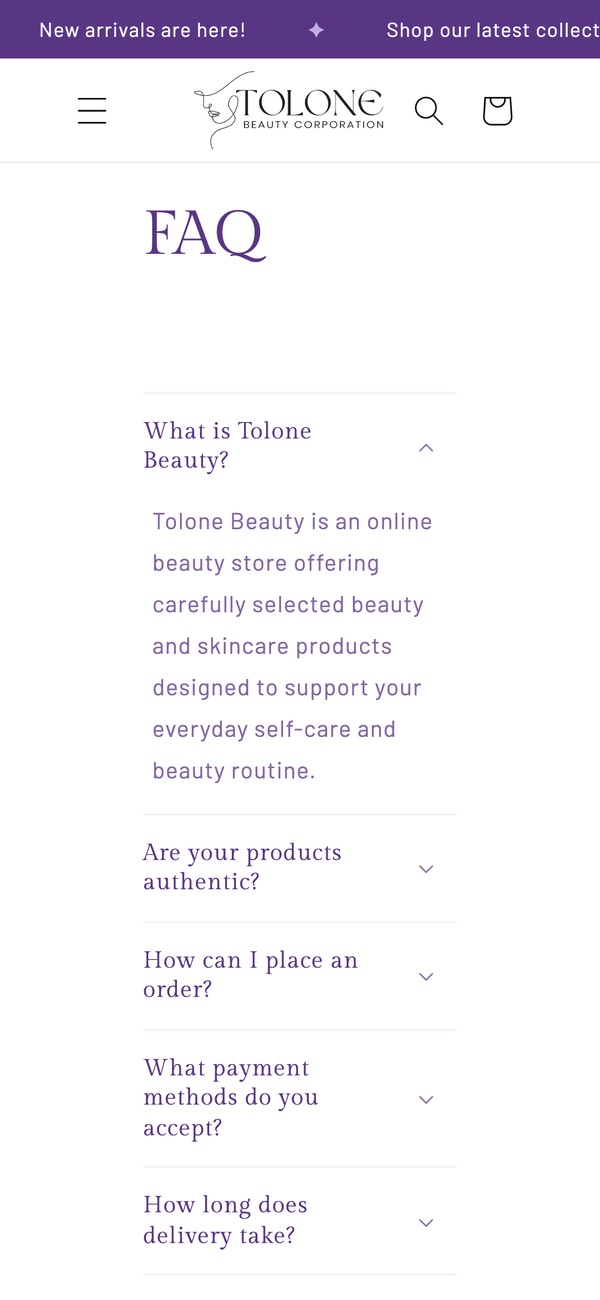 The Tolone Beauty FAQ page on a phone