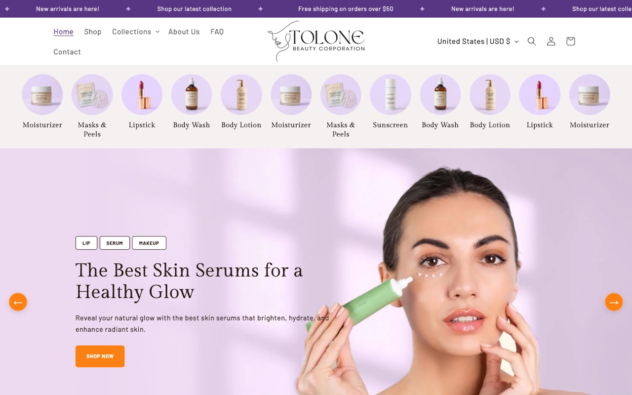 The Tolone Beauty store home page with a free-shipping banner, product categories and a skin serum banner