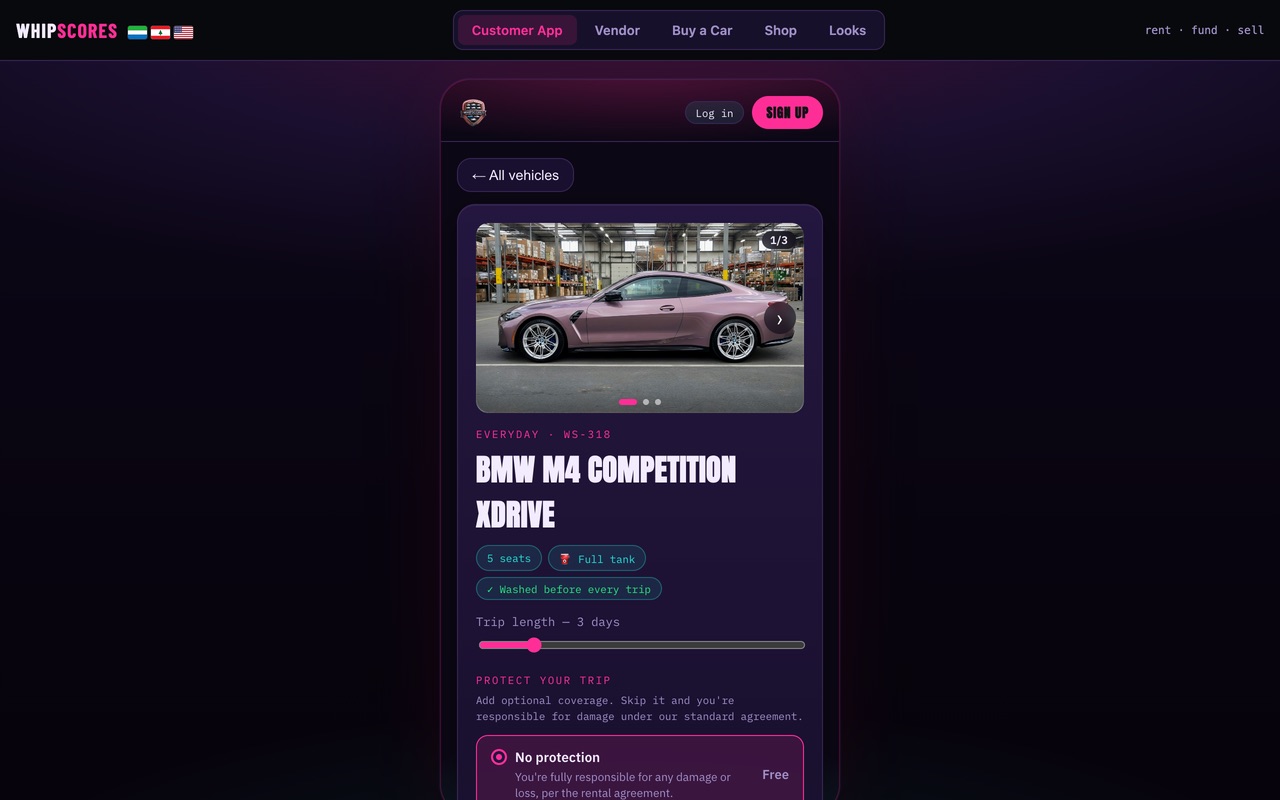 A WhipScores car page on a desktop screen with a photo gallery, trip length slider and protection options