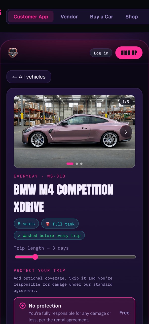 A WhipScores car page on a phone, with a photo gallery, trip length slider and protection options