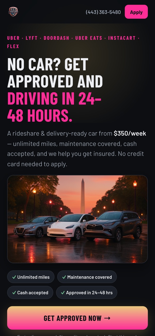 The WhipScores driver landing page on a phone, with a Get approved now button
